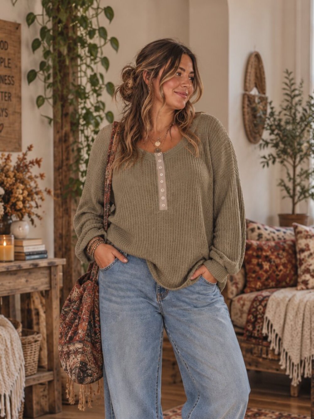 Natural Life Olive Green Waffle Knit Henley Top
